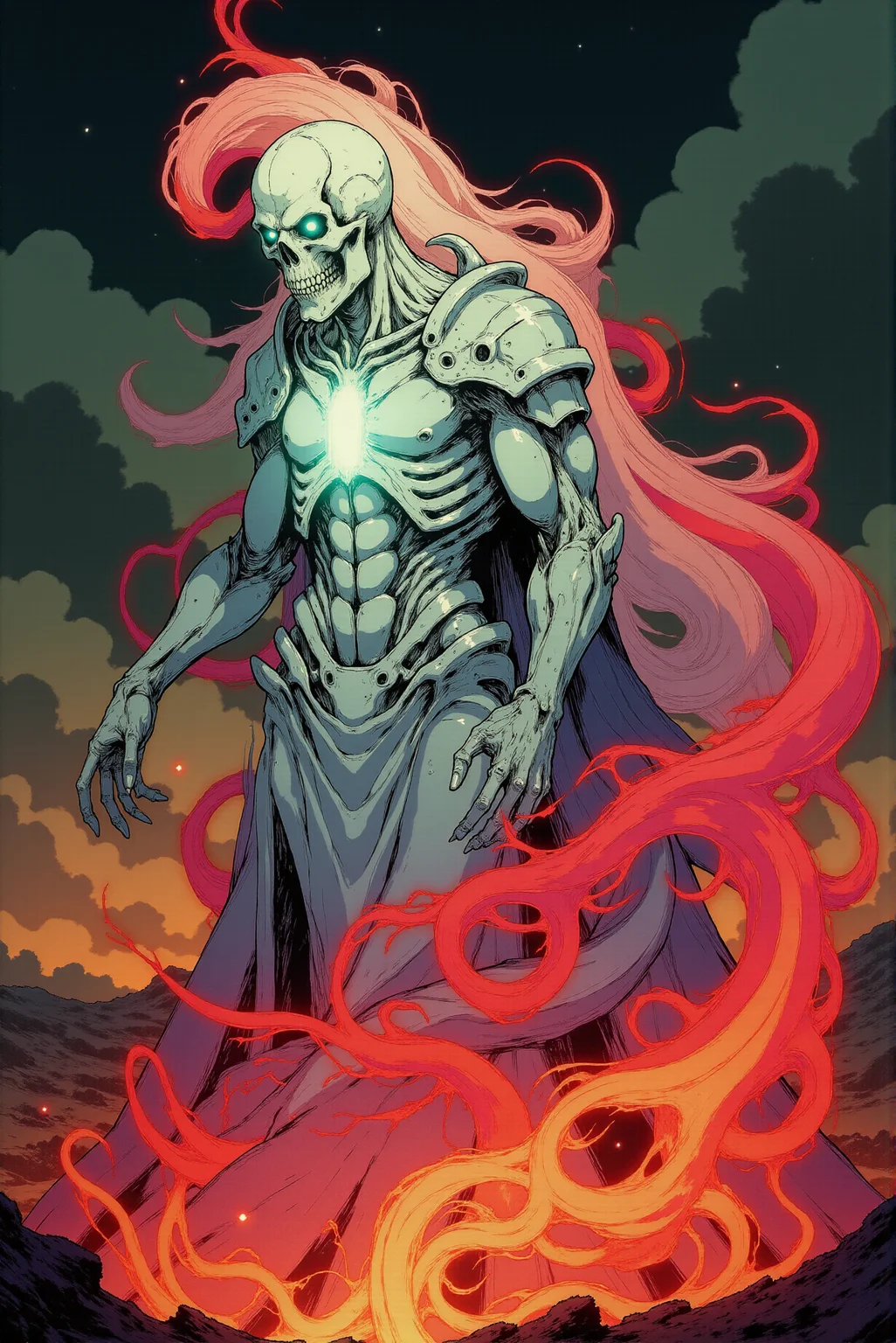 DGC style.
The image presents a haunting figure shrouded in a supernatural aura, standing amidst an eerie, crimson-tinged landscape. The spectral entity, with a ghostly white, elongated skull-like face, appears to rise from a swirling mass of dark and blood-red energy that billows around its gaunt, armored frame. Its skeletal torso is clad in jagged, bone-like armor with sharp, organic ridges, glowing faintly with an icy blue luminescence that contrasts with the surrounding fiery hues. The darkened sky above is painted in deep navy and charcoal, speckled with faint stars that are muted by the ominous red glow radiating from the ground. Streaks of fiery crimson cut across the barren terrain, forming ethereal trails of light that snake through the desolate surroundings. The figure's withered arm extends outward, fingers clawed as if commanding or summoning the swirling power around it, while its translucent body appears to blur at the edges, merging with the violent energy in a spectral haze. The terrain beneath the figure is charred and lifeless, with tufts of darkened, twisted grass catching subtle hints of red illumination. This interplay of light and shadow, combining frigid blues with molten reds, imbues the scene with a sense of otherworldly menace, creating a powerful juxtaposition between decay and unrelenting, spectral energy. The figure stands as an embodiment of death and destruction, poised in an eternal, ominous stillness.
<lora:Dark_Gothic_Comic_style_r2:1.2>