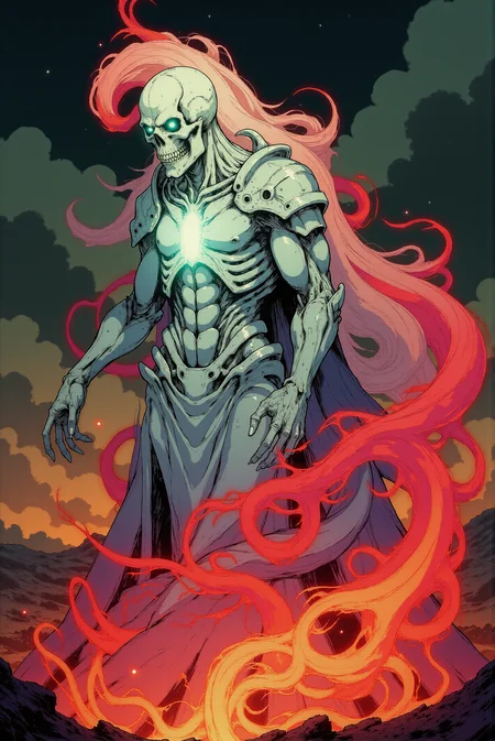 DGC style.
The image presents a haunting figure shrouded in a supernatural aura, standing amidst an eerie, crimson-tinged landscape. The spectral entity, with a ghostly white, elongated skull-like face, appears to rise from a swirling mass of dark and blood-red energy that billows around its gaunt, armored frame. Its skeletal torso is clad in jagged, bone-like armor with sharp, organic ridges, glowing faintly with an icy blue luminescence that contrasts with the surrounding fiery hues. The darkened sky above is painted in deep navy and charcoal, speckled with faint stars that are muted by the ominous red glow radiating from the ground. Streaks of fiery crimson cut across the barren terrain, forming ethereal trails of light that snake through the desolate surroundings. The figure's withered arm extends outward, fingers clawed as if commanding or summoning the swirling power around it, while its translucent body appears to blur at the edges, merging with the violent energy in a spectral haze. The terrain beneath the figure is charred and lifeless, with tufts of darkened, twisted grass catching subtle hints of red illumination. This interplay of light and shadow, combining frigid blues with molten reds, imbues the scene with a sense of otherworldly menace, creating a powerful juxtaposition between decay and unrelenting, spectral energy. The figure stands as an embodiment of death and destruction, poised in an eternal, ominous stillness.
<lora:Dark_Gothic_Comic_style_r2:1.2>