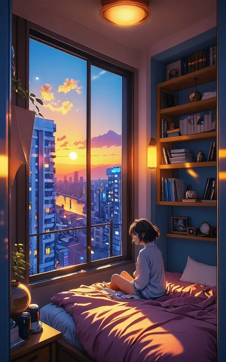 Dreamyvibes Artstyle<lora:Dreamyvibes artstyle SDXL - Trigger with dreamyvibes artstyle:0.6>,(style of Makoto Shinkai:1.5),illustration,outline,lo-fi city through window,dark bedroom,warm light outside,A girl leaned against the window to get out of the wind<lora:LoFiPastel:0.85>,
pillow,window,bed,moon,curtains,building,scenery,sunset,city,sun,cityscape,bedroom,colored bedroom bluish violet atmosphere<lora:add-detail-xl:0.1><lora:DD-pnte-neg-v1:-1><lora:DetailedEyes_V3:1><lora:MJ52:0.4>,ziprealism,ZIP2D,