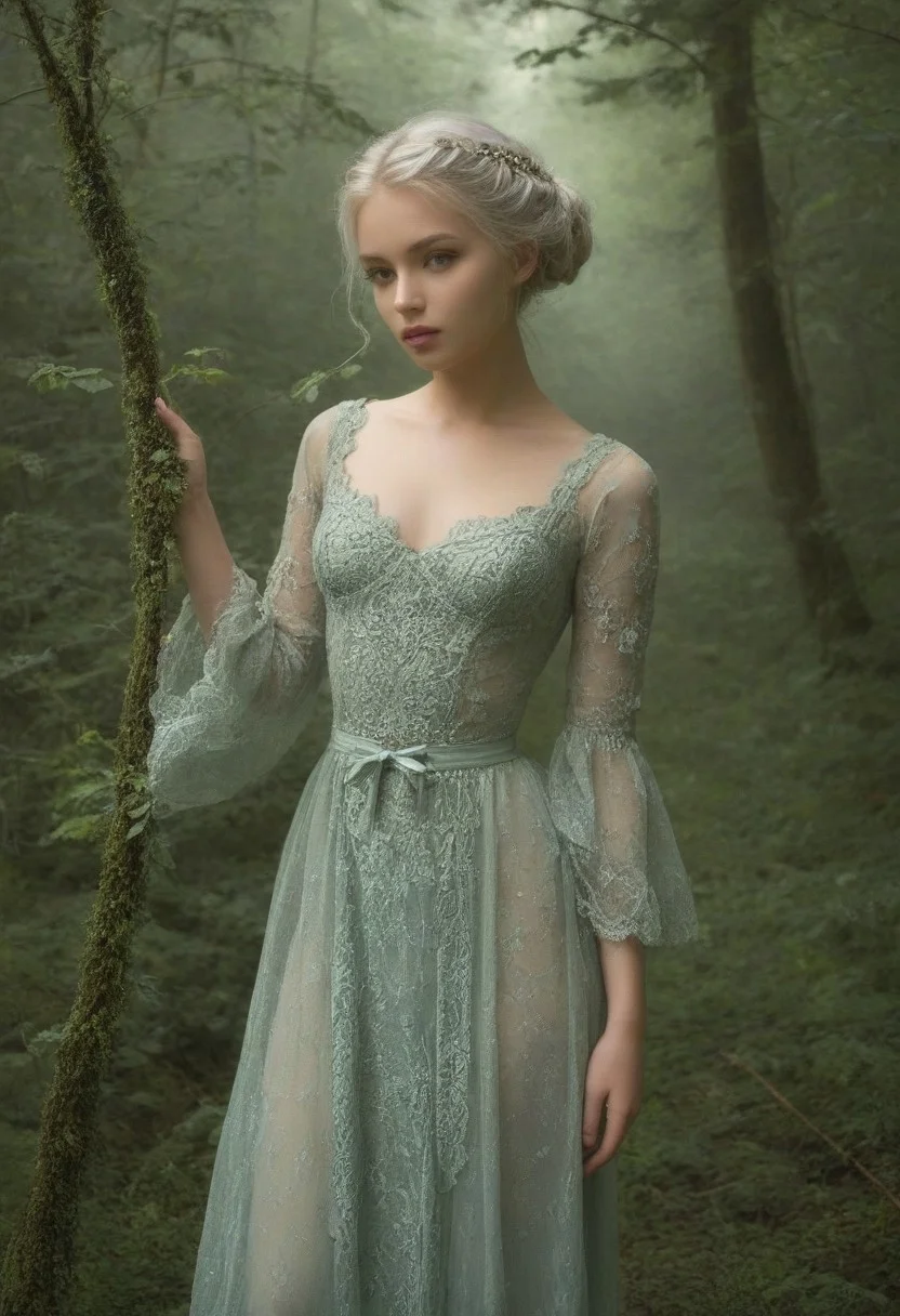 A digital painting of a beautiful, sensual, seductive, ethereal young woman with light bluish-gray hair adorned with delicate, floral adornments, wearing a layered, ornate garment featuring intricate, patterned textures inspired by antique woven fabrics, in a misty, overgrown forest setting. The color palette is muted, rich greens, browns, and soft beiges, with hints of pastel blues. The image exhibits detailed textures and a style reminiscent of fantasy art, focusing on the intricate designs and rich color palette.