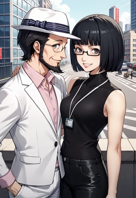 score_9, score_7_up, source_anime, 1boy, 1girl, couple, looking at viewer, city BREAK
smile, hand in pocket, <lora:Sojiro-pdxl_Fp:1> sojiro, short hair, black hair, beard, grey eyes, glasses, collared shirt, pink shirt, white suit, white pants, hat BREAK
grin, <lora:zs_WakabaXL:1> wakabap5, black hair, bob cut, blunt bangs, glasses, black turtleneck, medium breasts, sleeveless, leather pants