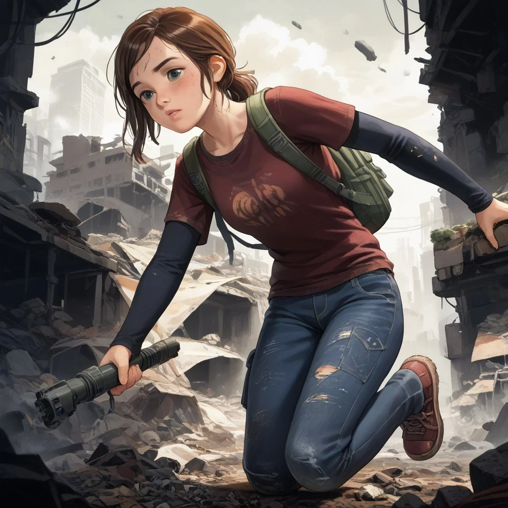 score_8, score_8_up, score_7_up, score_6_up,  official art, Hideki Ishikawa BREAK, Ellie-Williams, TLOU,  1girl, solo, shirt, Auburn Hair, long sleeves, shoes, pants, bag, backpack, denim, jeans, layered sleeves, apocalypse, science fiction, destroyed city, rubble, ruins, overgrowth