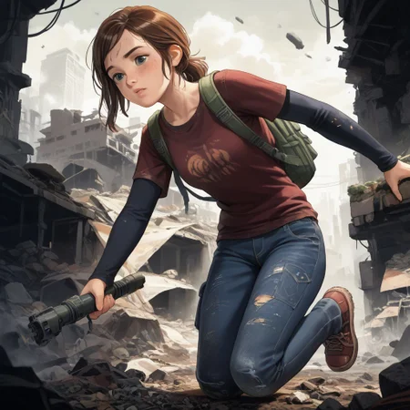 score_8, score_8_up, score_7_up, score_6_up, official art, Hideki Ishikawa BREAK, Ellie-Williams, TLOU, 1girl, solo, shirt, Auburn Hair, long sleeves, shoes, pants, bag, backpack, denim, jeans, layered sleeves, apocalypse, science fiction, destroyed city, rubble, ruins, overgrowth