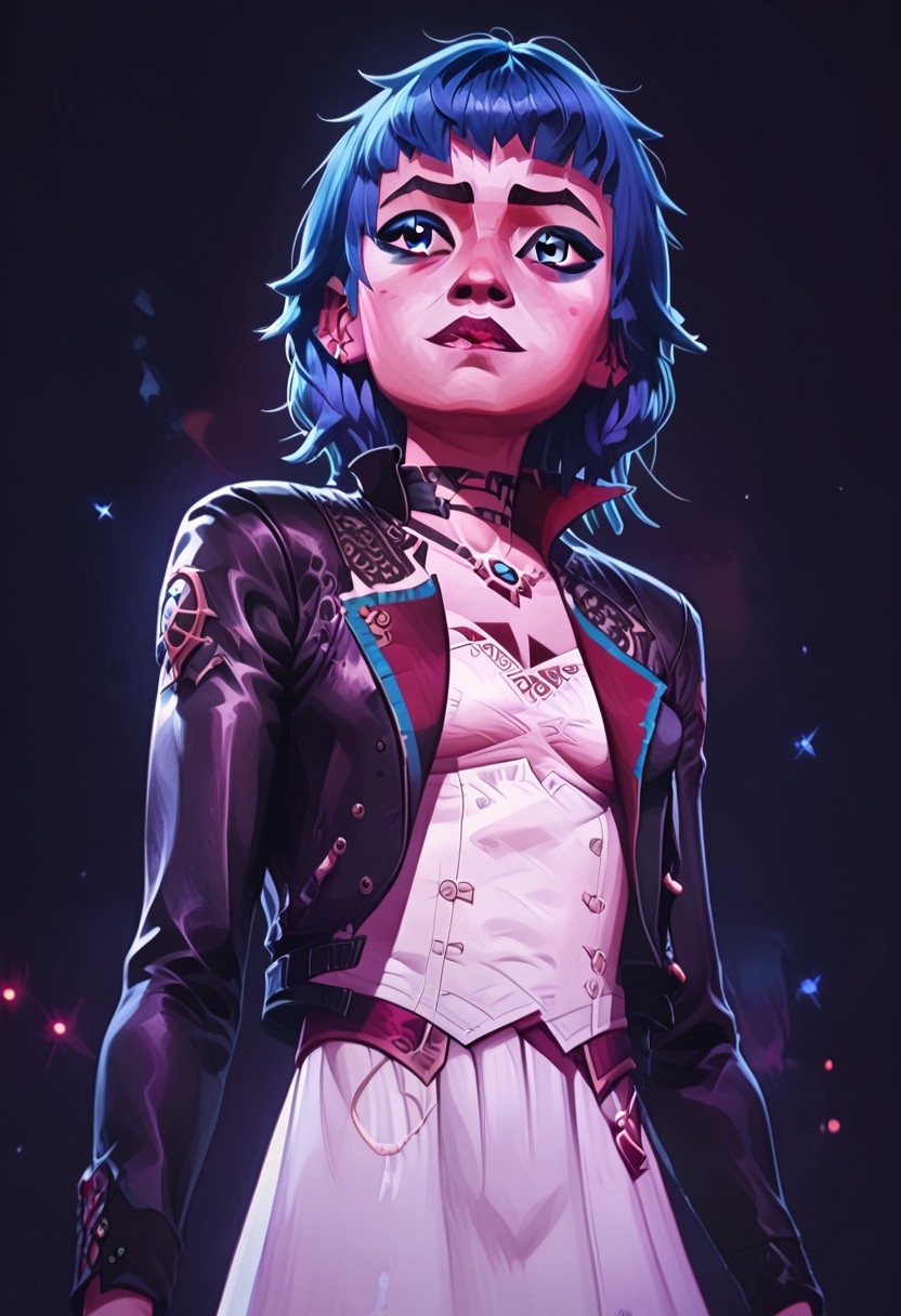 score_9, score_8_up, score_8_up, solo focus, solo, female focus, ArcaneEyesV1, 
BREAK 1girl, PowderAltOutfit2, jacket, dress, cropeed jacket, black jacket, white dress, bangs, blue hair, blue eyes,