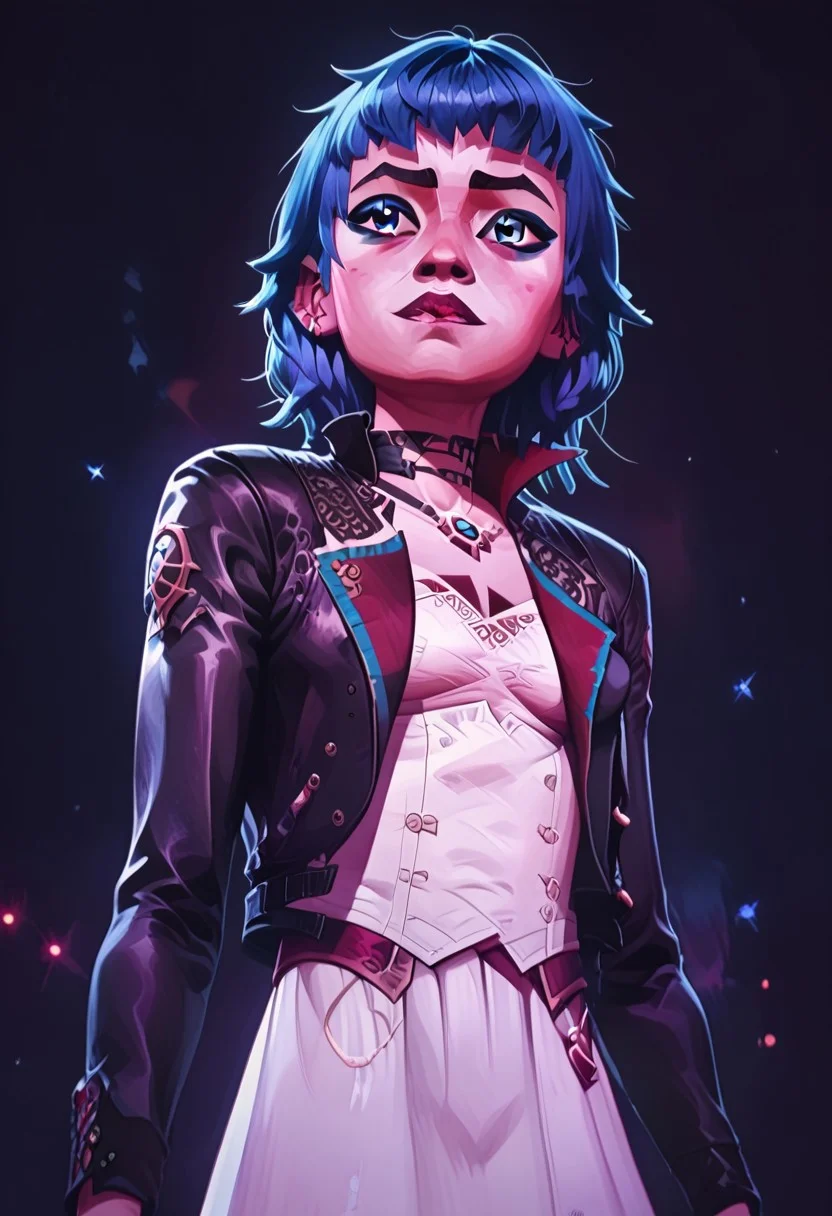 score_9, score_8_up, score_8_up, solo focus, solo, female focus, ArcaneEyesV1,
BREAK 1girl, PowderAltOutfit2, jacket, dress, cropeed jacket, black jacket, white dress, bangs, blue hair, blue eyes,