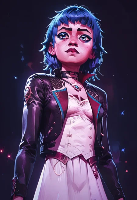 score_9, score_8_up, score_8_up, solo focus, solo, female focus, ArcaneEyesV1, 
BREAK 1girl, PowderAltOutfit2, jacket, dress, cropeed jacket, black jacket, white dress, bangs, blue hair, blue eyes,