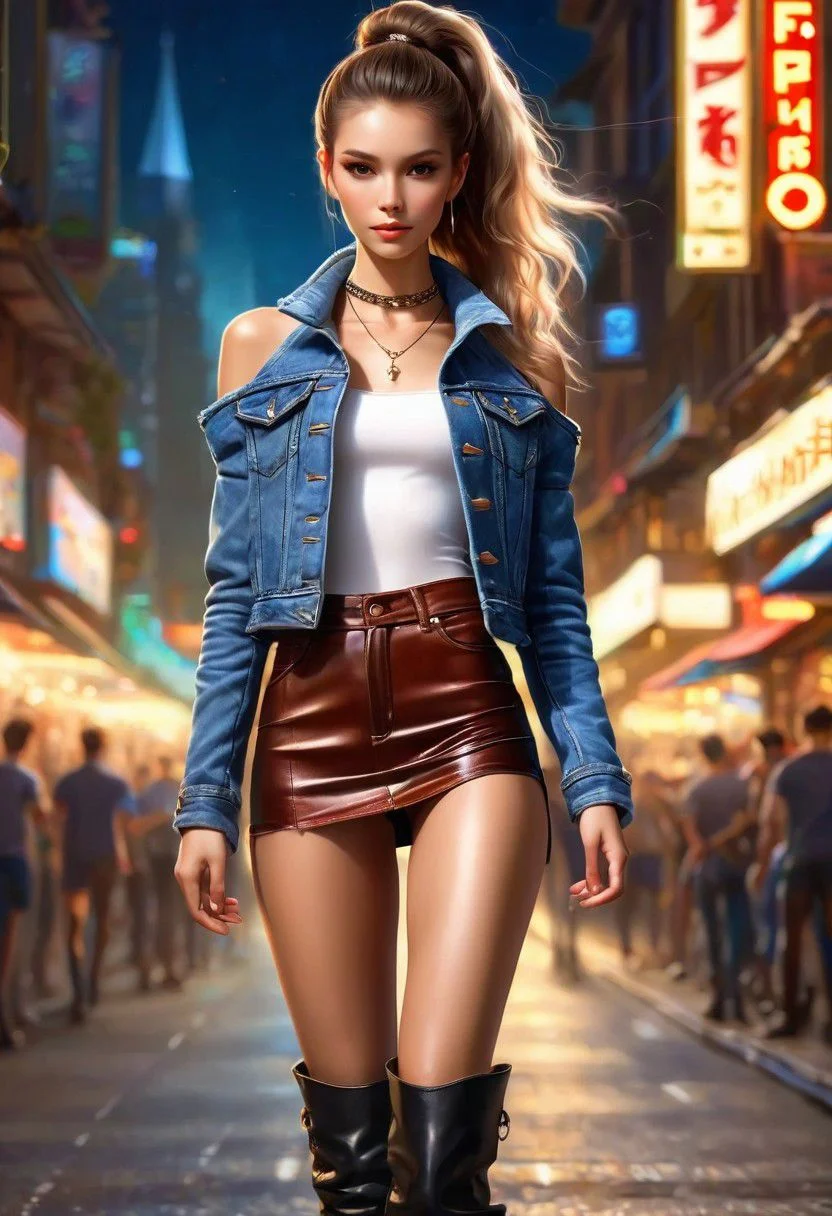 masterpiece, best quality, 32k, (( glam art by Diego Fazio, Boris Vallejo)), ((pale skin:1.4 )),  ((shiny body:1.2)), ((hairy pussy:1.2)), diffused soft lighting, skin indentation, highly detailed skin:1.2, ( highly detailed:1.2) ((medium pear-shaped proportional breast:0.8)), clear and sharp background and surroundings. 
((girl with long legs standing in the busy night street, open  sleeveless denim jacket, knitted skirt,  skin-tight leather pants, heeled boots )), sexy body,(( long hair, hair up, hair bun, bride), detailed textures, simple necklace, night lighting,