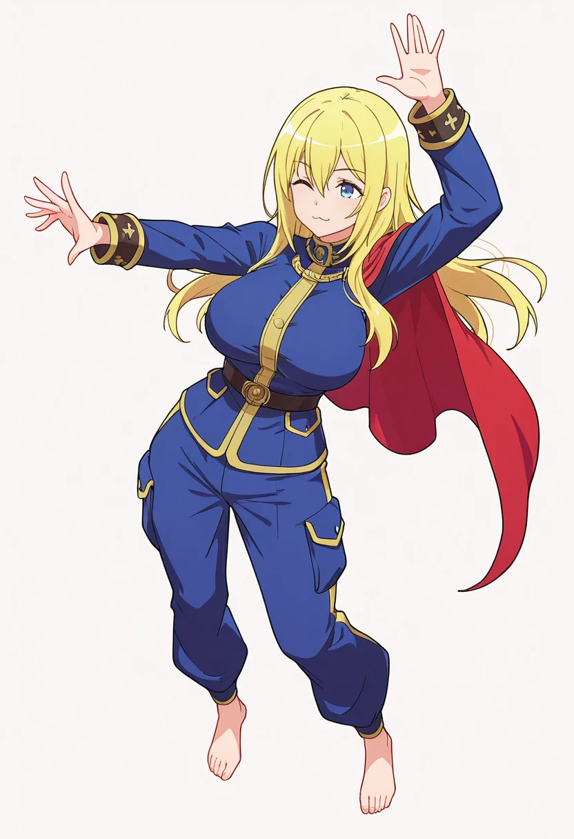 Smooth Quality,masterpiece,very intricate, high quality details, ultra realistic, high detailed skin,detailed enviorement,absurdres,
reaching,solo,
 <lora:Enome_CNR:0.8> enome_cnr, blonde hair, blue eyes, long hair, large breasts, hair between eyes,, simple background, white background, dynamic angle,
standing pose, arms akimbo, feet slightly apart, determined expression, balanced posture,  ,, ;3,, coat, ,cape, ,parachute pants,  ,