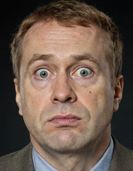 Norman Rockwell style full body shot of full body shot of a realistic digital portrait of mature man and freckled pale skin, making an exaggerated and absurd comic expression, her eyes looking in different directions with a divergent gaze, eyebrows raised unevenly with one sharply arched, upper lip pulled sharply upward and to the side, lower lip pushed in the opposite direction, lips asymmetrical and tense without visible teeth, cheeks slightly uneven from facial tension, the expression resembles a shocked clown or animated jester reacting in confused panic, softly lit with a dark background, high detail on facial muscles and skin, stoic cinematic 4k epic detailed 4k epic detailed photograph shot on kodak detailed bokeh cinematic dark moody, <lora:Dark_Ghibli:0.5>, <lora:Dark_Fantasy_Pulp_Pinup:0.5>, . Whole outfit, clear, sharp, balanced, <lora:zhirinovsky:1>, zhirinovsky. Whole outfit, clear, sharp, balanced . Realistic, narrative, Americana, detailed, "abstract