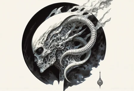 The image features an abstract representation of a skull intertwined with mechanical elements, showcasing a fusion of organic and mechanical forms. The skull has a ghostly, x-ray-like appearance, encased in a transparent, bubble-like structure that emphasizes its intricate details. The contrast between darker and lighter areas creates depth and movement, evoking themes of technology and humanity. The piece, signed “Clear Note” in a subtle script at the bottom right, seamlessly blends anatomical and industrial designs.
To incorporate a Xenomorph element into the image, consider adding elongated, biomechanical features characteristic of the creature, such as:
1. **Head Shape**: Alter the skull to feature a more elongated, sleek profile resembling the Xenomorph's distinct head shape.
2. **Texture**: Introduce a glossy, chitinous texture reminiscent of the Xenomorph's exoskeleton on parts of the skull and spine.
3. **Tail**: Add a segmented tail extending from the base of the skull, curling around the mechanical components.
4. **Eyes**: Replace traditional eye sockets with smooth, reflective surfaces to mimic the alien's dark gaze.
5. **Biomechanical Integration**: Blend alien-like limbs or appendages that appear to merge with the existing skeletal and mechanical structures.
This composition would maintain the abstract style while enhancing the eerie, alien atmosphere central to the Xenomorph design.