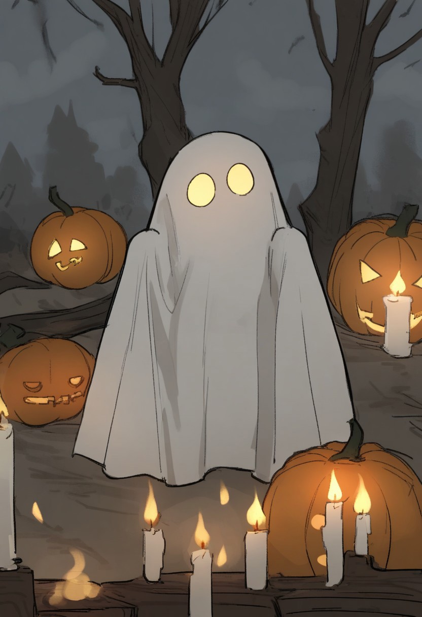 5H33TGH05T, sheet_ghost, 1girl, fishnets, high_heels, covering_face, ghost_costume, spooky trees, dead trees, branches, orange pumpkin, jack_o'lantern, flickering, candle, cloudy,