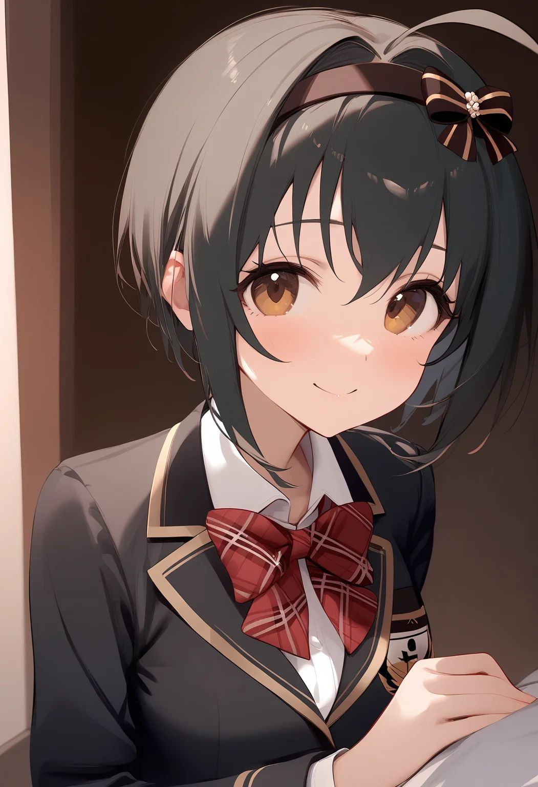 1girl,blush,kohinata miho,looking at viewer,plaid bowtie,school uniform,upper body,white shirt,blazer,hair bow,hairband,red bowtie,smile,solo,closed mouth,collared shirt,long sleeves,indoors,<lora:a31_char_new_kohinata_miho-000024:1>masterpiece, best quality, absurdres<lora:a31_style_koni-000010:0.8>