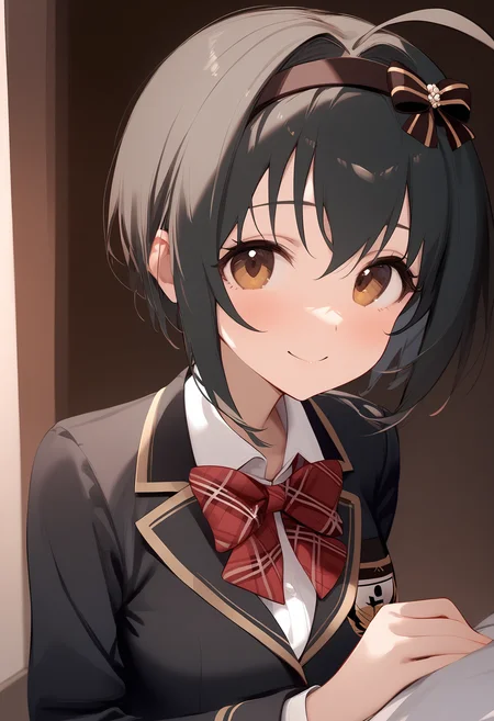 1girl,blush,kohinata miho,looking at viewer,plaid bowtie,school uniform,upper body,white shirt,blazer,hair bow,hairband,red bowtie,smile,solo,closed mouth,collared shirt,long sleeves,indoors,<lora:a31_char_new_kohinata_miho-000024:1>masterpiece, best quality, absurdres<lora:a31_style_koni-000010:0.8>