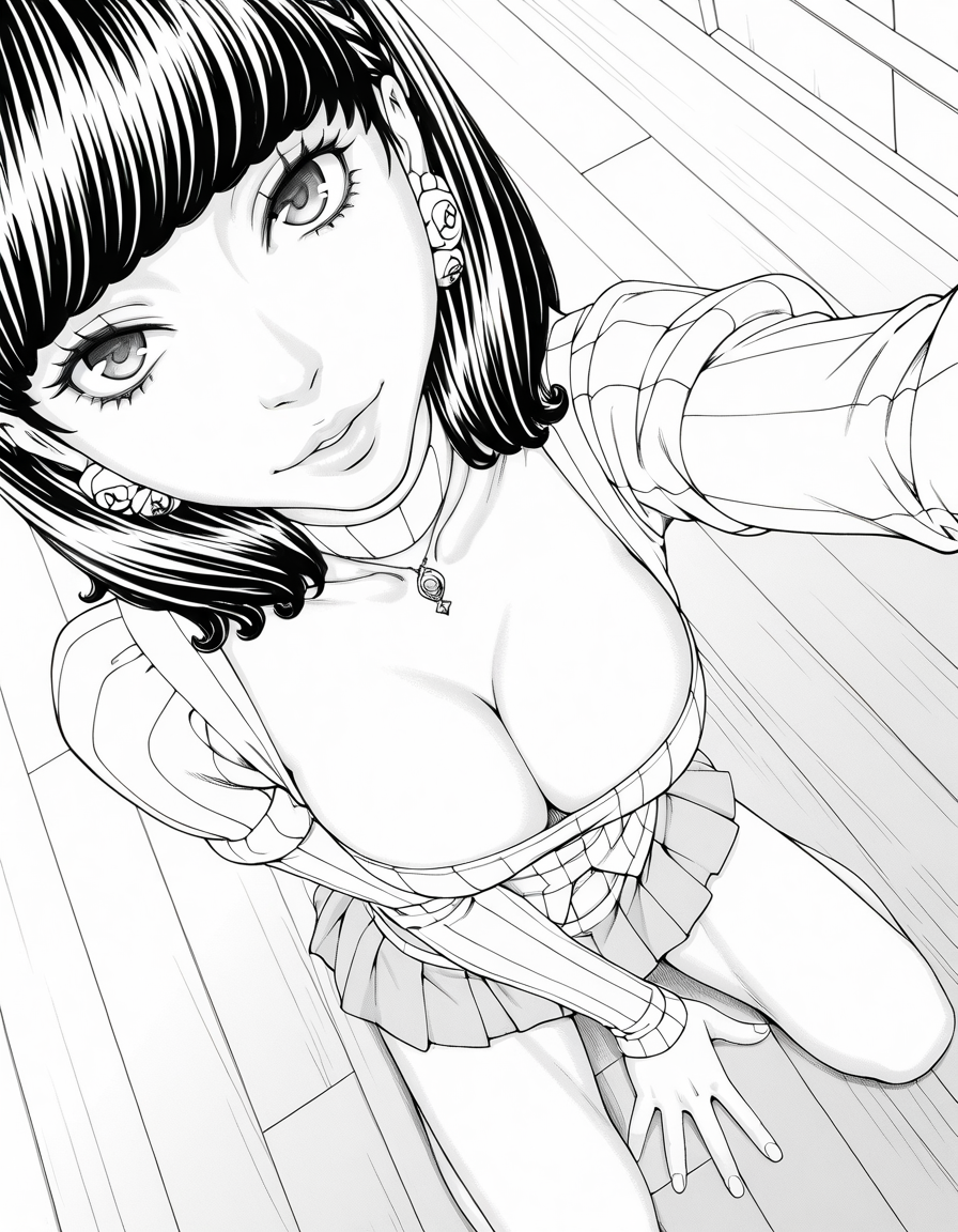 <lora:Makiho_Raspberry_Inc_-_Seto_Yuuki:1>makiho, monochrome, grayscale
kneeling, from above, naughty, lips, reaching out, cleavage