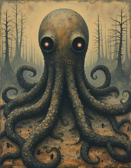 dystopian style K_oilpastel . bleak, post-apocalyptic, somber, dramatic, highly detailed,An eerie, otherworldly octopus-like creature towering over a desolate, post-apocalyptic landscape. The creature's massive head and hypnotic red glowing eyes evoke a sense of unsettling mystery, while its sprawling, coiled tentacles stretch across the barren ground. Tiny human figures surround the creature, dwarfed by its enormous size, emphasizing the scale and menace. The background is a ghostly, pale sky over a forest of twisted, skeletal trees, creating an atmosphere of decay and ruin. The illustration features dark, muted colors and intricate detailing reminiscent of gothic horror and surrealism, evoking a sense of cosmic dread and awe.