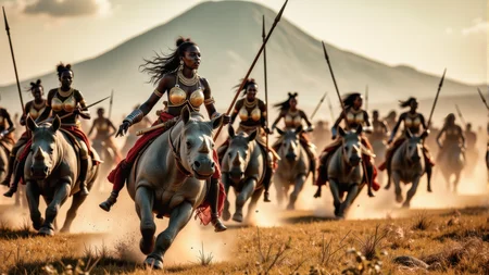 Real photograph of an army of African warrior women,  black skin, Nubian, beautiful, breathtaking,  athletic, (small breasts:1.4),  earrings, necklace, wrist bands,  dangerous, fierce, determined, battle hardened,  mounted atop angry and ferocious rhinoceros,  cavalry charging into battle with lowered spears, shields and spears bearing war decorations,  fierce angry painted faces full of rage, yelling fierce war cries,  African Savannah with mount Kilimanjaro in the background,  intricate details, masterpiece, elegant, complex patterns,  (full body shot from head to toe:1.6),  dramatic and dynamic morning lighting, intense atmosphere,  <BaroqueColorful:0.72>