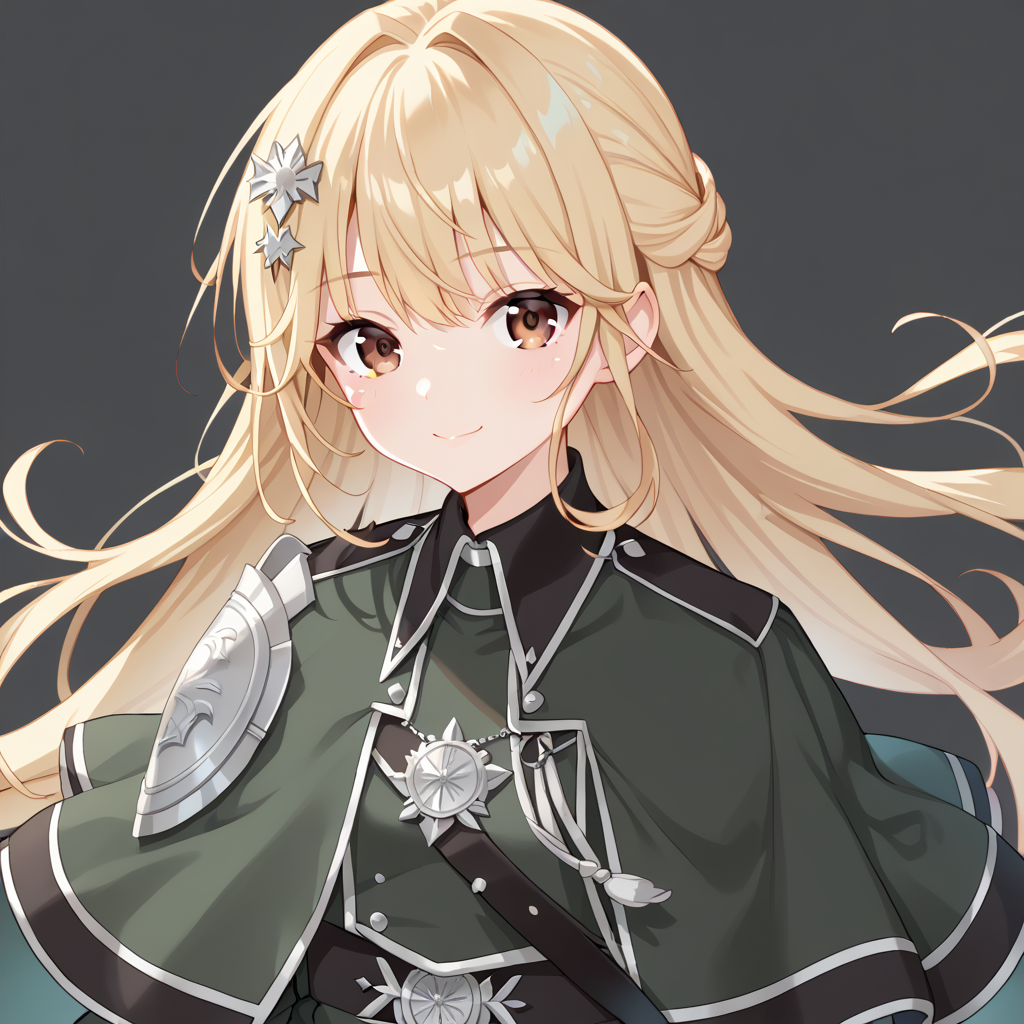 score_9, score_8_up, score_7_up, simple background, looking at viewer, light smile,
1girl, exosister elis, blonde hair, brown eyes, hair ornament, capelet, 
<lora:exosister_elis_pony_v1:0.8>