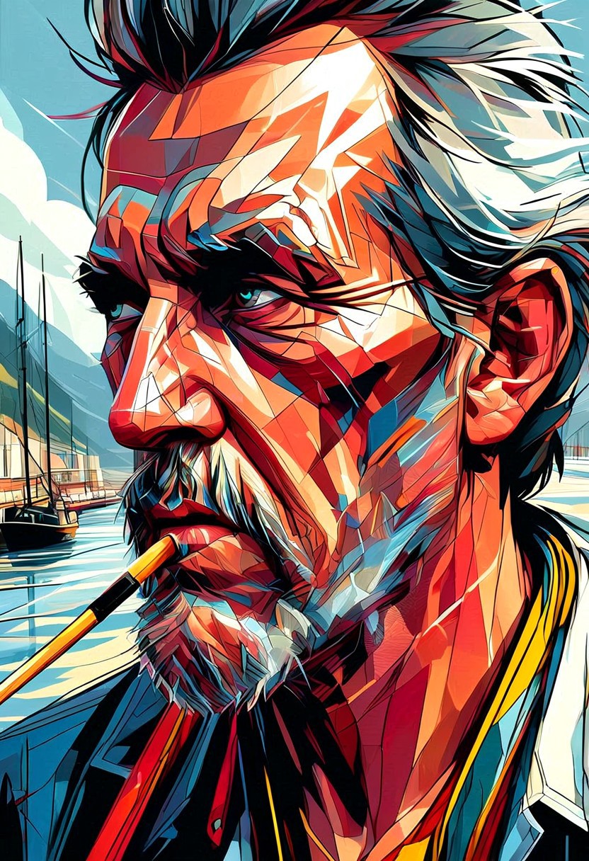 an old fisherman with a weathered face smoking a pipe on the quayside painting, extreme close up, portrait,