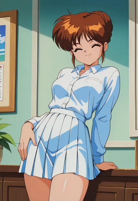 masterpiece, best quality, amazing quality, absurdres, retro artstyle, 1girl, solo, cowboy shot, yayoiww, brown hair, closed eyes, short hair, hair bun, single hair bun, braid, medium breasts, collared shirt, long sleeves, white pleated skirt, looking at viewer, smile, indoors, day, skindentation, detailed clothing folds, depth of field, sharp, high contrast, dynamic light <lora:Yayoi_Nageki_no_Kenkou_Yuuryouji_ill_v11:0.9>