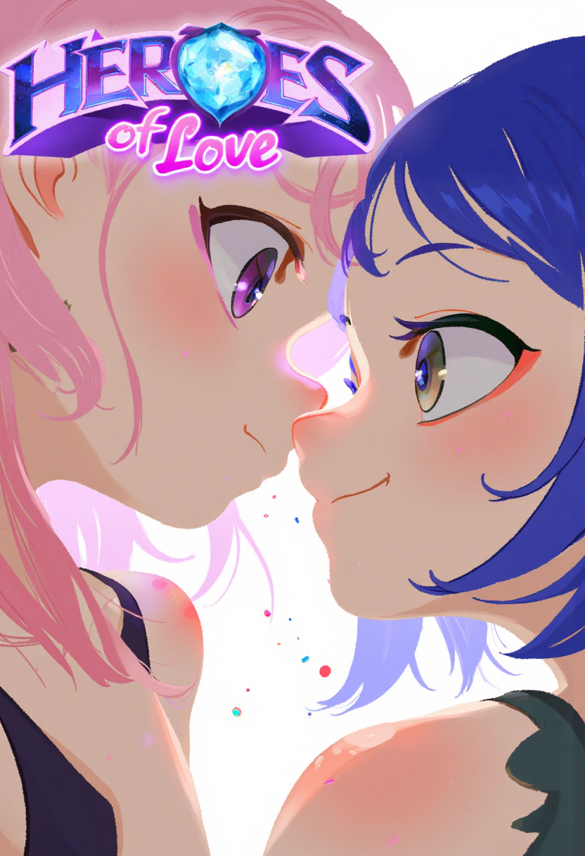 The logo for the game "Heroes of Love" is prominently displayed in the top of the image. The text, "Heroes of Love" is written in a bold, neon font. lA close-up shot of two beautiful anime women, their faces mere inches apart, engaged in an unexpected air kiss. One woman has large, expressive eyes widened in surprise, her lips slightly parted as if caught off guard. The other woman has a mischievous smirk, her eyes twinkling with playfulness as she leans in for the gesture. Their hair flows elegantly, one with pastel pink locks styled in loose waves, the other with shoulder-length blue hair swept to the side. Between them, a faint trail of glittering particles lingers in the air, adding a touch of magic to the moment. The lighting is soft and warm, accentuating their delicate features and the subtle blush on their cheeks. Render this in a stylistic anime aesthetic with smooth lines, vibrant colors, and attention to detail in their facial expressions and gestures ,art by torikun, no lineart