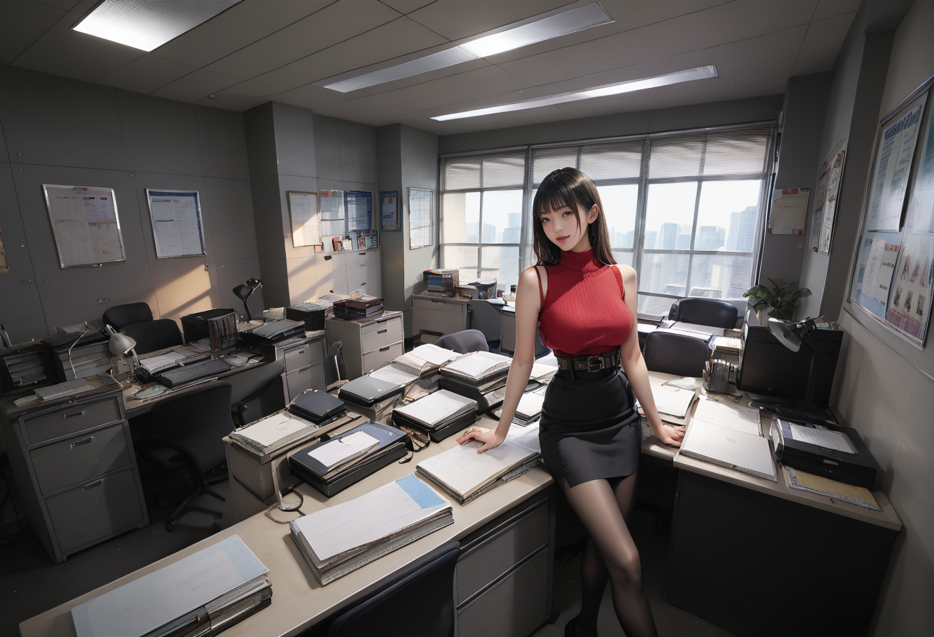 ,ruanyi0945,office,indoors,window,chair,desk,
sunlight,,belt,black pantyhose,high-waist skirt,sleeveless sweater,red sweater,<lora:0945 police office_v1_pony:0.9>,<lora:0892 Home wear_v1_pony:0.7>, score_9,score_8_up,score_7_up,,8k,1girl,solo,,