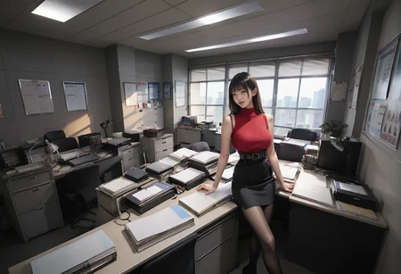 ,ruanyi0945,office,indoors,window,chair,desk,
sunlight,,belt,black pantyhose,high-waist skirt,sleeveless sweater,red sweater,<lora:0945 police office_v1_pony:0.9>,<lora:0892 Home wear_v1_pony:0.7>, score_9,score_8_up,score_7_up,,8k,1girl,solo,,