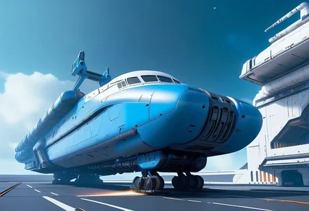 sci-fi, Futuristic, aJed-Rst spaceport, tarmac, (Rusty spaceport buildings):1.3, (((beautiful, hyper realistic, high quality, highly detailed))), sleek blue neotech spacecraft (freighter),