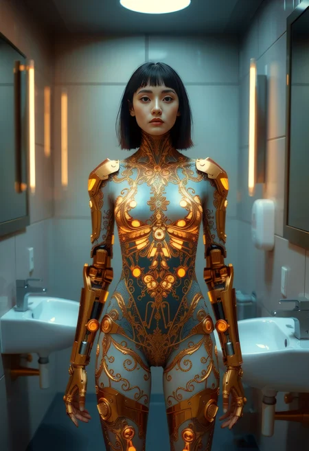 (angelic young irish cyborg woman), wearing robo-lace cocktail-suit, cybernetic Holographic tattoos emitting radiant etchings into neck tissue that display  functions and shimmering PCB landscapes augments, Gold-plated bionic enhancements with intricate filigree patterns, opulent appearance, regal gold color mechanical_arms, legs, arms and mechanical_legs, set in public toilet, Restroom Area, Sleek, minimalist design with futuristic toilets, sleek sinks, automated hand dryers, mirrored walls, and ambient lighting .  <lora:Sinfully_Stylish_1.0_Flux:0.8> sinfully stylish, dramatic light, soft light, long shadows <lora:fantasy_portrait_by_cosmic:0.8>,  <lora:style_of_Gerry_Anderson_FLUX_315:1>, style of Gerry Anderson,âââ
