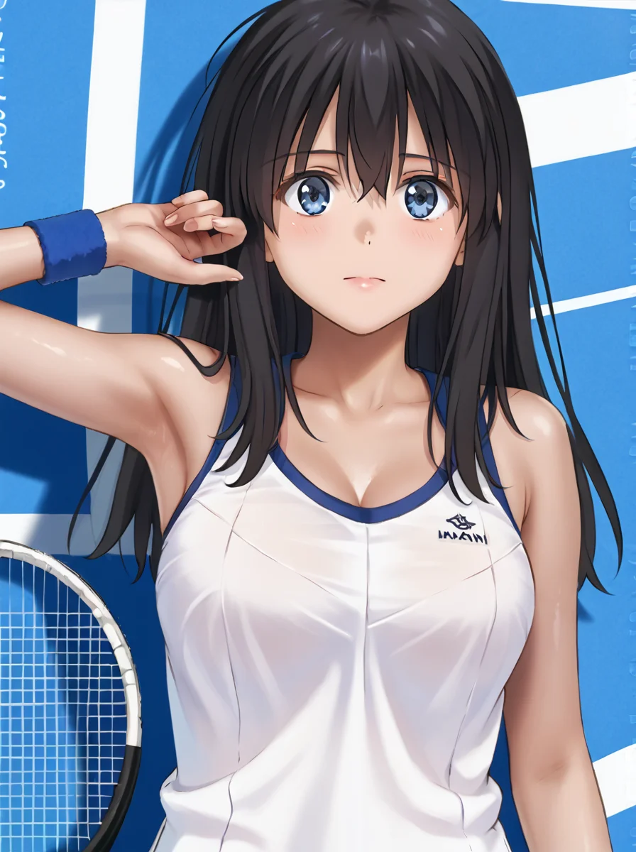 detailed background, shiny skin, posing, rating safe, 
<lora:cyclone.pony:1>,
kaori, 
tennis wear, 
upper body,