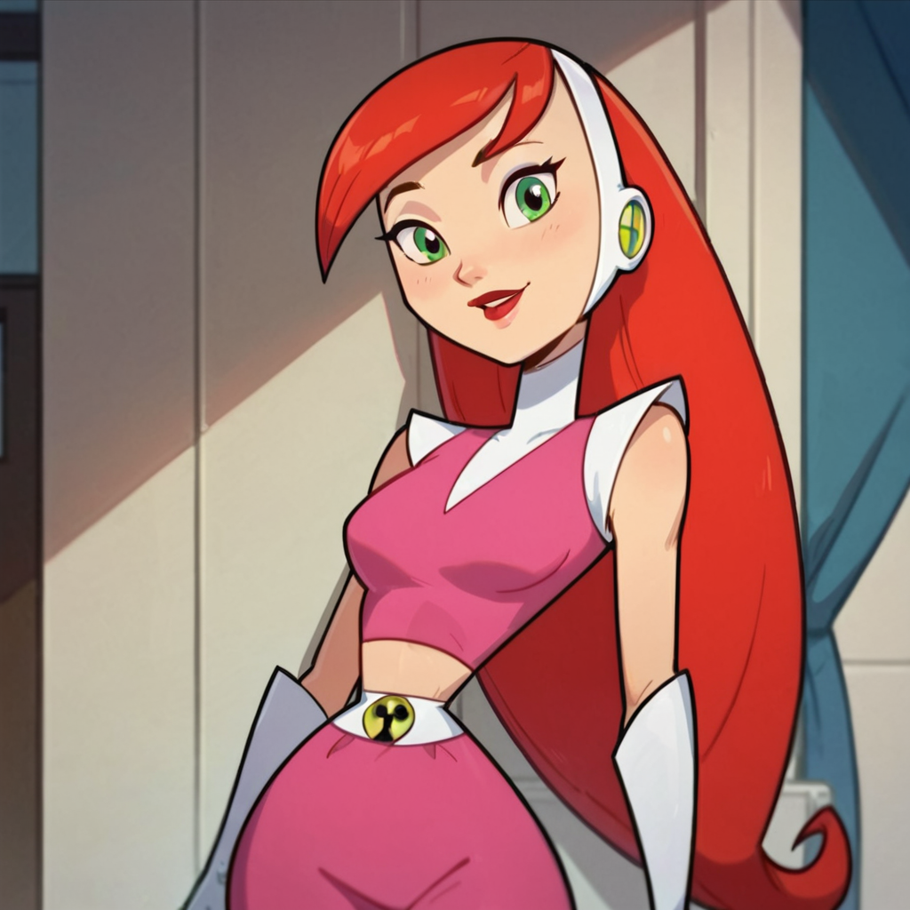 score_9, score_8_up, score_7_up, 1girl, Betty, red hair, long hair, green eyes, lipstick, medium breasts, narrow waist, wide hips, looking at viewer, highres, high quality, masterpiece, <lora:Atomic_Betty_Future:0.7>  <lora:flat_color_anime_xl:1>
