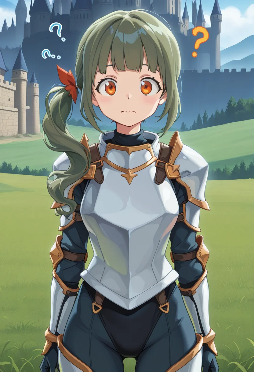 1girl, solo, lrheroine, green hair, side ponytail, long hair, blunt bangs, hair ribbon, orange eyes, full suit of armor, knight, outdoors, grass, castle in background, wavy mouth, confused, looking at viewer, straight on, cowboy shot,
