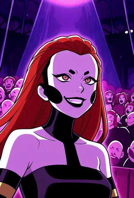 <lora:frightwig:1> frightwig, 1girl, long hair, red hair, bare shoulders, black lips, striped sleeves, black cheeks, detached sleeves, black bodysuit, facing forward, evil grin, teeth, circus background, crowd, spotlight, purple lights, upper body,, masterpiece, best quality, amazing quality, very aesthetic, absurdres, newest,