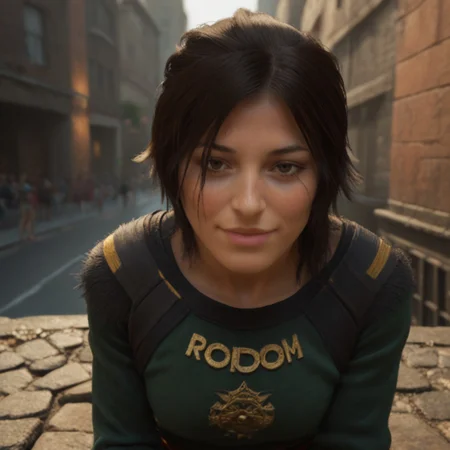 Lara croft, tomb raider, outside in city, sitting, jacket and shirt, happy, pov body, pov close, head shot, smiling