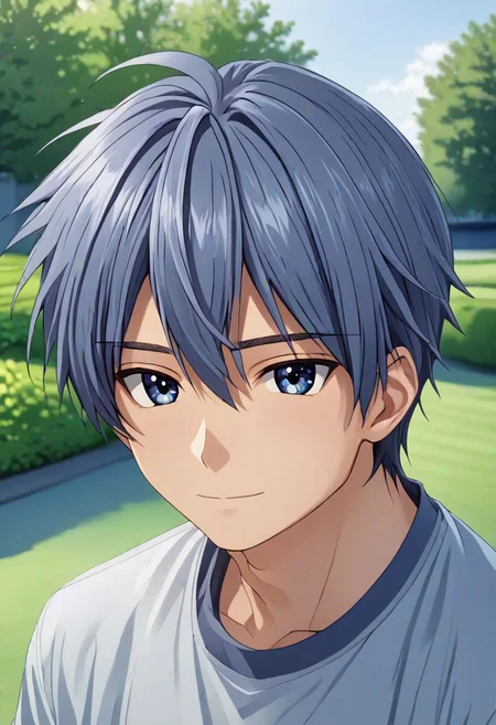 high resolution, solo, best quality, 1Boy, Tomoya Okazaki, Grey Blue Hair, Looking at viewer, happiness, depth of field, half body, outdoor, OverallDetail