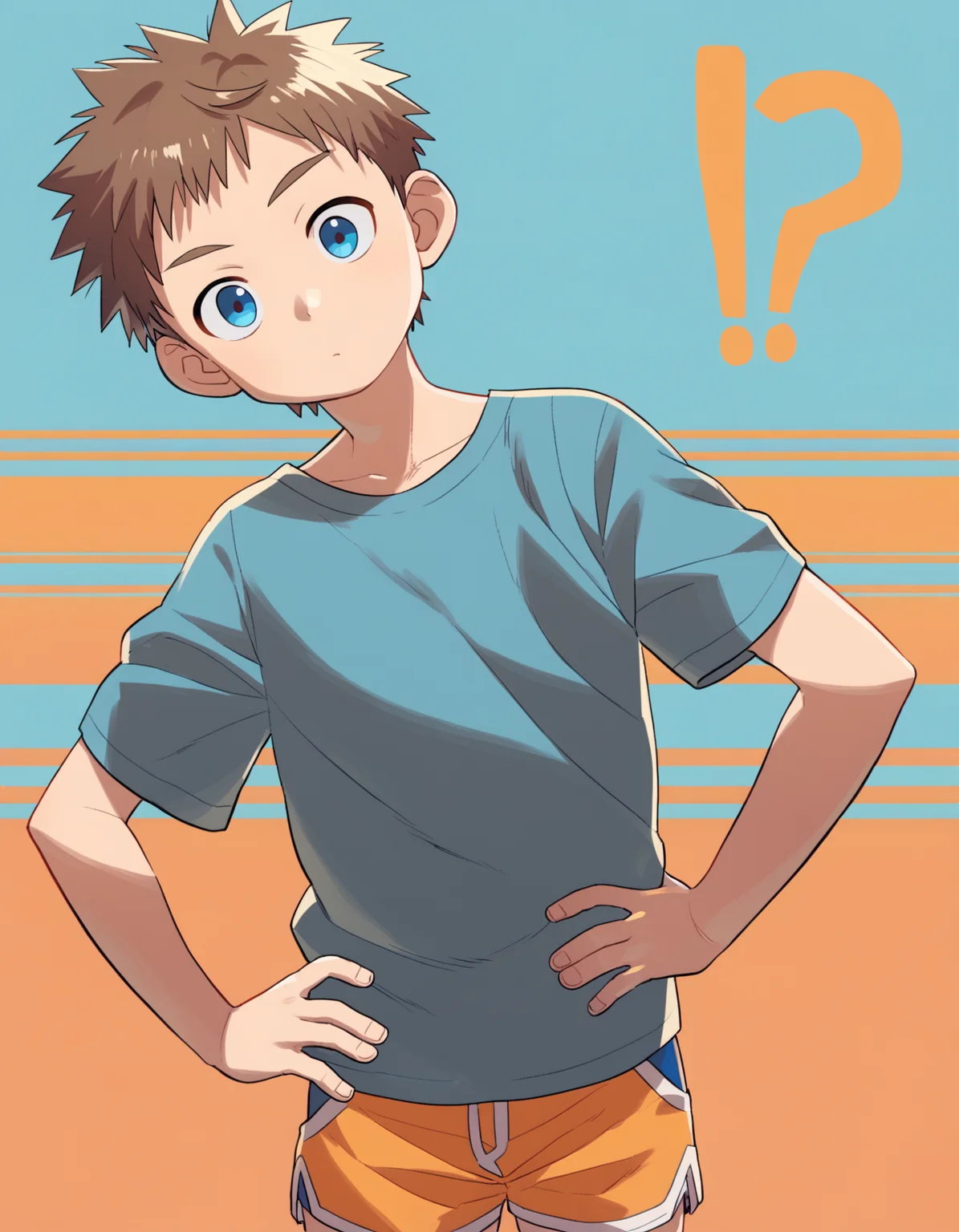 score_9, score_8_up, score_7_up, score_6_up, source_anime, orange background, cowboy shot, 1boy, solo, brown hair, blue eyes, blue t-shirt, shorts, standing, hand on hip, head tilt, looking at viewer, small mouth, ? <lora:a6_AMXL_v1g-ShoAI:1>