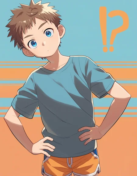 score_9, score_8_up, score_7_up, score_6_up, source_anime, orange background, cowboy shot, 1boy, solo, brown hair, blue eyes, blue t-shirt, shorts, standing, hand on hip, head tilt, looking at viewer, small mouth, ? <lora:a6_AMXL_v1g-ShoAI:1>