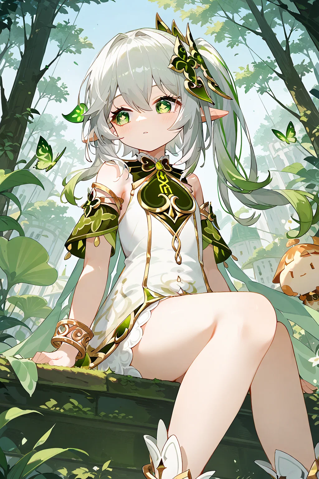 (score_9,score_8_up,score_7_up),<lora:Nahida(genshin impact)-v1:1>,Nahida(genshin impact),1girl,nahida (genshin impact),solo,green eyes,pointy ears,hair ornament,long hair,side ponytail,dress,sitting,multicolored hair,bracelet,white dress,tree,jewelry,bangs,gradient hair,white hair,sidelocks,green hair,symbol-shaped pupils,cape,green cape,detached sleeves,outdoors,short sleeves,looking away,hair between eyes,grey hair,cross-shaped pupils,leaf hair ornament,bare shoulders,nature,
good feet,anime,NSFW,expressive,amazing quality,ultra hd 32k,