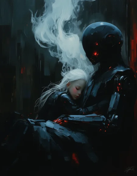 masterpiece, high quality, Oil Painting, Hyper-realistic, tiny tween android robot girl wearing black and red robotic armor, laying in a fetal position, sleeping in a glowing transparent cocoon in a dark ally of a cyberpunk city. The android has luminous, almost ethereal white porcelain skin, closed eyes, a fragile skinny robotic body, and long white hair. She sleeps peacefully i the glowing cocoon, protected from the harsh world outside of the cyberpunk city. Focus on the girl, shadow and light, Masterpiece, intricate lines, intriguing atmosphere, sharp magnificent details, delicate features, elaborate details, (2/3 rule composition:0.5), ultra detailed, romantic, Rembrandt lighting, brush stroke, lovely, del1cate_balance style, novuschroma, in the style of Rembrandt. vantablack <lora:style_of_Rembrandt_FLUX_135:.8> <lora:- Flux1 - vanta_black_V2.0:.6> <lora:Delicate_Balance:.3> <lora:neeeg_f1:-1> <lora:113_novuschromaFLX_1:.3> <lora:Midjourney_Whisper_Minimal:.4> <lora:SCI_FACTOR_COREV2:.9>