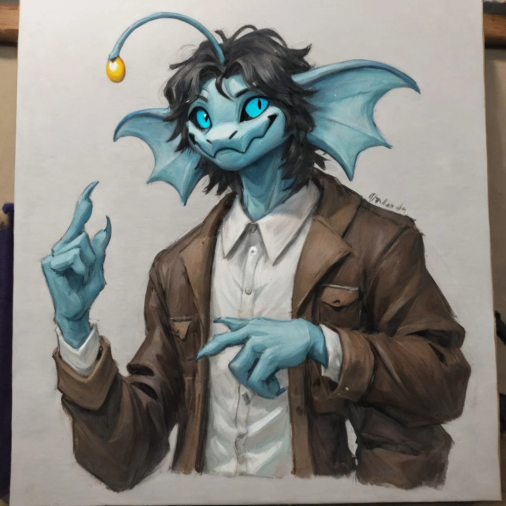 Sebastian_solace, Pressure[RB], Sebastian[Pressure], three eyes, 3eyes, blue sclera, colored sclera, angler light, angler like, mercreature, mermaid like, merman, black hair, colored sclera, blue sclera, {pupilless:1.5), messy hair, short messy hair, short black hair, blue skin, long tail, naga like, naga creature, sea creature, deep sea creature, 3arms, 3 arms, extra limb, extra eye over right eye, extra eye, (Male anthro naga:1.5).
 solo, 1boy, alone. 
clothed, clothing, dressed, dark_brown jacket, jacket, white undershirt, undershirt, white cravat, cravat.
skinny, twink, thin. (thin), (blue body:1.1). 
HD, digital painting, digital art, masterpiece standing against a wall, looking to the side, talking, happy, talking, happy face, happy emotion. 
headshot, close to face, headshot photo, headshot.
simple background, white background.
oil painting, traditional media, realistic, headshot.
HD, digital painting, digital art, masterpiece.  standing, standing up.  
closed mouth, happy emotion.  
HD, digital painting, digital art, masterpiece ((bustshot portrait)), digital drawing (artwork), digital media (artwork), hi res, (furry art, uploaded on e621:1.1), best quality, highly detailed, intricate details, extremely detailed, perfect hands, negative_hand.