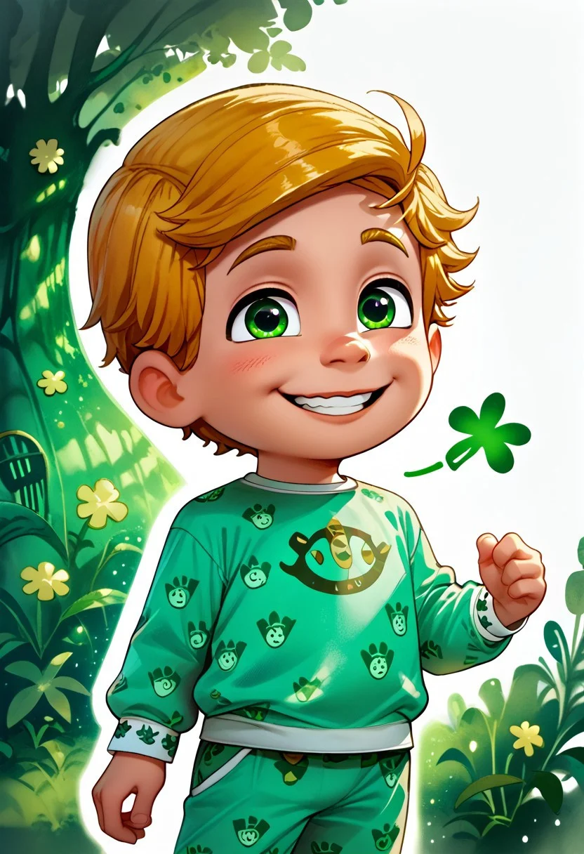 DarirStyle
score_9, score_8_up, score_7_up, highly detailed, cute boy, 1boy, solo, Greg, Blonde Hair, Green Eyes, Green Pajamas, big smile,