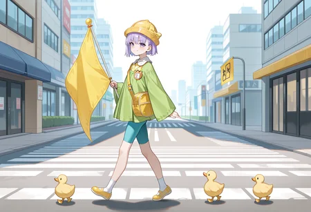 1girl, solo, short hair, purple hair, purple eyes, kindergarten uniform, yellow hat, bag, long sleeves, wide sleeves, bike shorts, walking, from side, outdoors, city, holding flag, duck, ducklings, smile, flag raised, crosswalk, full body <lora:Kazuradrop_Illus:1>, masterpiece, best quality, amazing quality, very aesthetic, absurdres, highres, newest