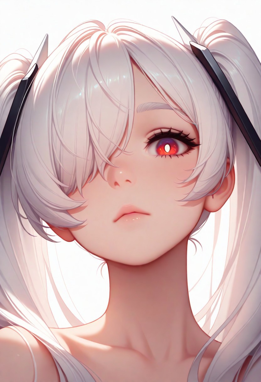 masterpiece, best quality, amazing quality, very aesthetic, flat colors, (artist:Tsuaii:1),
1girl, close up portrait, eye focus, cinrnd, red eyes, white pupils, white hair, twintails, very long hair, hair over one eye, one eye covered, eyebrows hidden by hair, looking at viewer