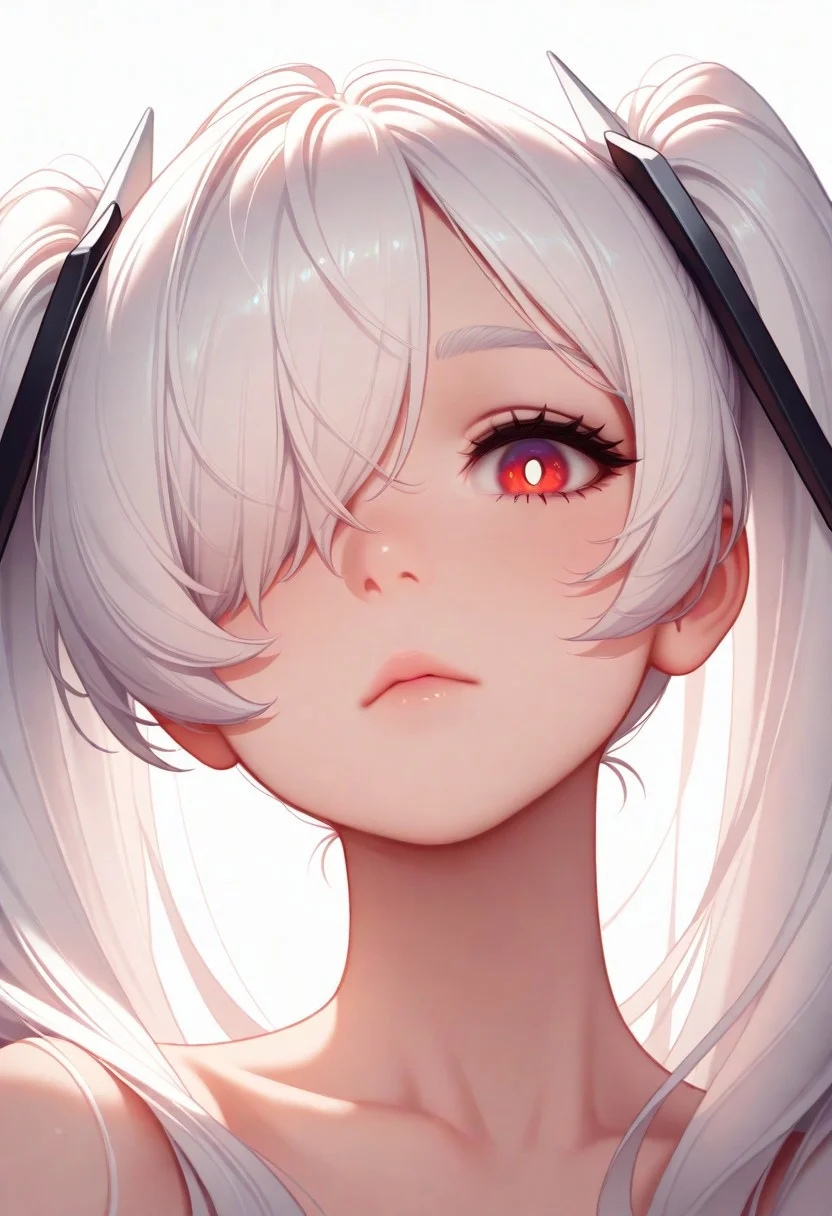 masterpiece, best quality, amazing quality, very aesthetic, flat colors, (artist:Tsuaii:1),
1girl, close up portrait, eye focus, cinrnd, red eyes, white pupils, white hair, twintails, very long hair, hair over one eye, one eye covered, eyebrows hidden by hair, looking at viewer