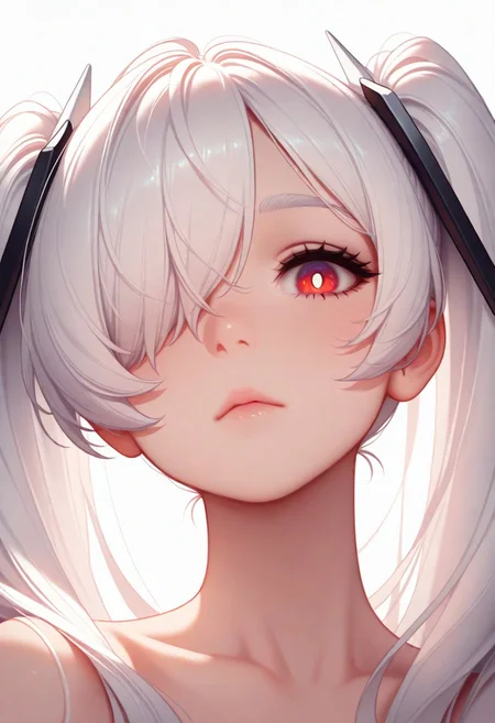 masterpiece, best quality, amazing quality, very aesthetic, flat colors, (artist:Tsuaii:1),
1girl, close up portrait, eye focus, cinrnd, red eyes, white pupils, white hair, twintails, very long hair, hair over one eye, one eye covered, eyebrows hidden by hair, looking at viewer