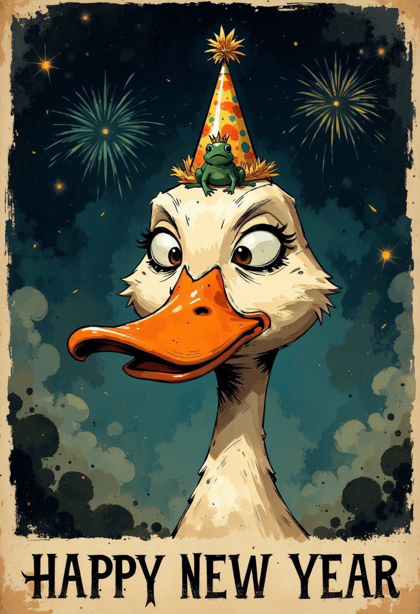 A stylized, detailed portrait of a whimsical white duck with a hang-over expression, featuring a party horn sticking out of his beak. The top of his bald head now features a tiny, bright and colorful party hat with a golden crown trim and a feathered pom-pom, perfectly balanced. There is a green green frog with a crown on his head sitting on the duck' beak.  
The background is an abstract starry sky, dark indigo tones with glowing firework patterns, adding a gritty, artistic flair to the composition. The party hat stands out vividly against the muted and earthy color palette, adding a whimsical and contrasting element to the otherwise serious tone of the portrait. At the bottom of the image, the phrase "Happy New Year" is emblazoned in bold, festive lettering.The overall image blends humor with detailed realism, creating a memorable and striking visual.