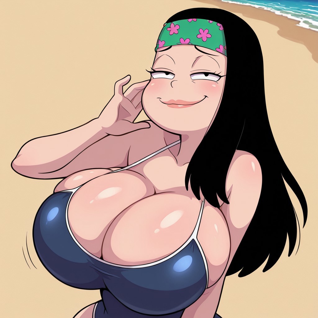 Hayley,black hair,long hair,bandana,1girl,swimsuit,huge breasts,beach,smug,smile,solo,expressive, masterpiece,best quality,amazing quality