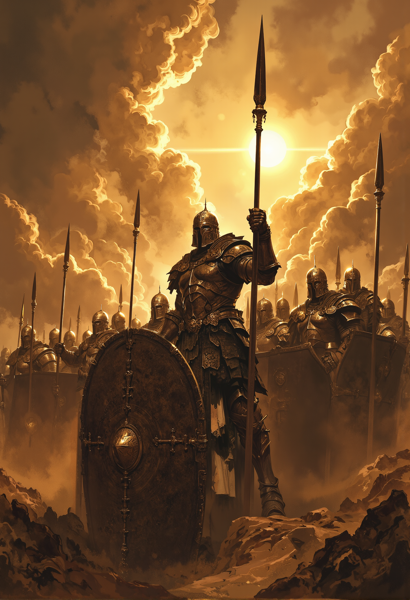 close-up of a high-resolution action scene of a phalanx formation, soldiers standing in a tight line, bracing against the onslaught of a fierce sandstorm. The warriors' massive shields lock together, forming an unbreakable wall of metal as they hold their long spears at the ready. The sandstorm swirls violently around them, grains of sand whipping through the air, obscuring the battlefield and darkening the sky. The sun struggles to break through the thick, swirling clouds of sand, casting only faint, dramatic beams of light that illuminate the soldiers in a golden, dusty glow.  At the front, the commanding officer stands tall, his face half-hidden by the chaos of the storm. He shouts a powerful, rallying war cry, his voice barely cutting through the howling winds, yet still carrying a sense of determination and unity. The soldiers, faces grim behind their visors, hold fast, their shields battered by the storm but unyielding.  The scene is dynamic and tense, with the sandstormâs fury contrasting against the calm, disciplined resolve of the soldiers. The storm rages around them, but the light from the struggling sun highlights the grit, courage, and defiance of the unit, standing strong against both the elements and the impending battle. <lora:FredFraiStyle-FLUX-Share.safetensors:0.33>, <lora:Magic_of_Art_\(FLUX\).safetensors:0.5>, <lora:Elden_Ring_-_Yoshitaka_Amano.safetensors:0.75>,    <lora:aidmaDoubleExposure-v0.1.safetensors:1.0>,