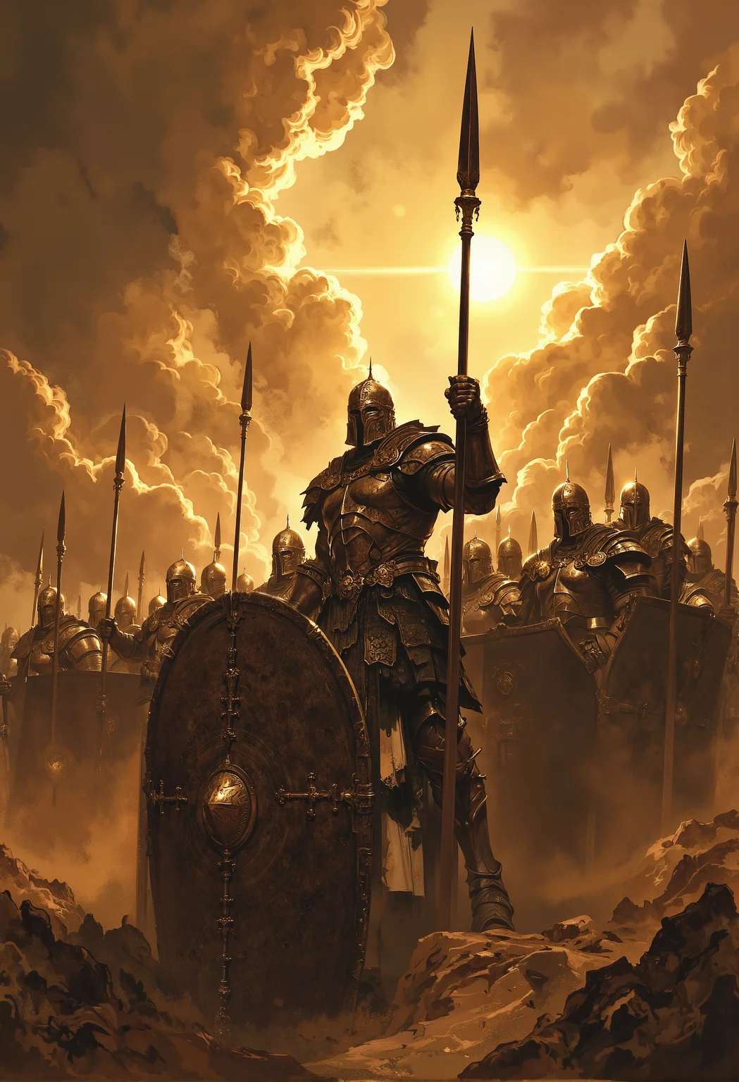 close-up of a high-resolution action scene of a phalanx formation, soldiers standing in a tight line, bracing against the onslaught of a fierce sandstorm. The warriors' massive shields lock together, forming an unbreakable wall of metal as they hold their long spears at the ready. The sandstorm swirls violently around them, grains of sand whipping through the air, obscuring the battlefield and darkening the sky. The sun struggles to break through the thick, swirling clouds of sand, casting only faint, dramatic beams of light that illuminate the soldiers in a golden, dusty glow. At the front, the commanding officer stands tall, his face half-hidden by the chaos of the storm. He shouts a powerful, rallying war cry, his voice barely cutting through the howling winds, yet still carrying a sense of determination and unity. The soldiers, faces grim behind their visors, hold fast, their shields battered by the storm but unyielding. The scene is dynamic and tense, with the sandstorm’s fury contrasting against the calm, disciplined resolve of the soldiers. The storm rages around them, but the light from the struggling sun highlights the grit, courage, and defiance of the unit, standing strong against both the elements and the impending battle. <lora:FredFraiStyle-FLUX-Share.safetensors:0.33>, <lora:Magic_of_Art_\(FLUX\).safetensors:0.5>, <lora:Elden_Ring_-_Yoshitaka_Amano.safetensors:0.75>, <lora:aidmaDoubleExposure-v0.1.safetensors:1.0>,