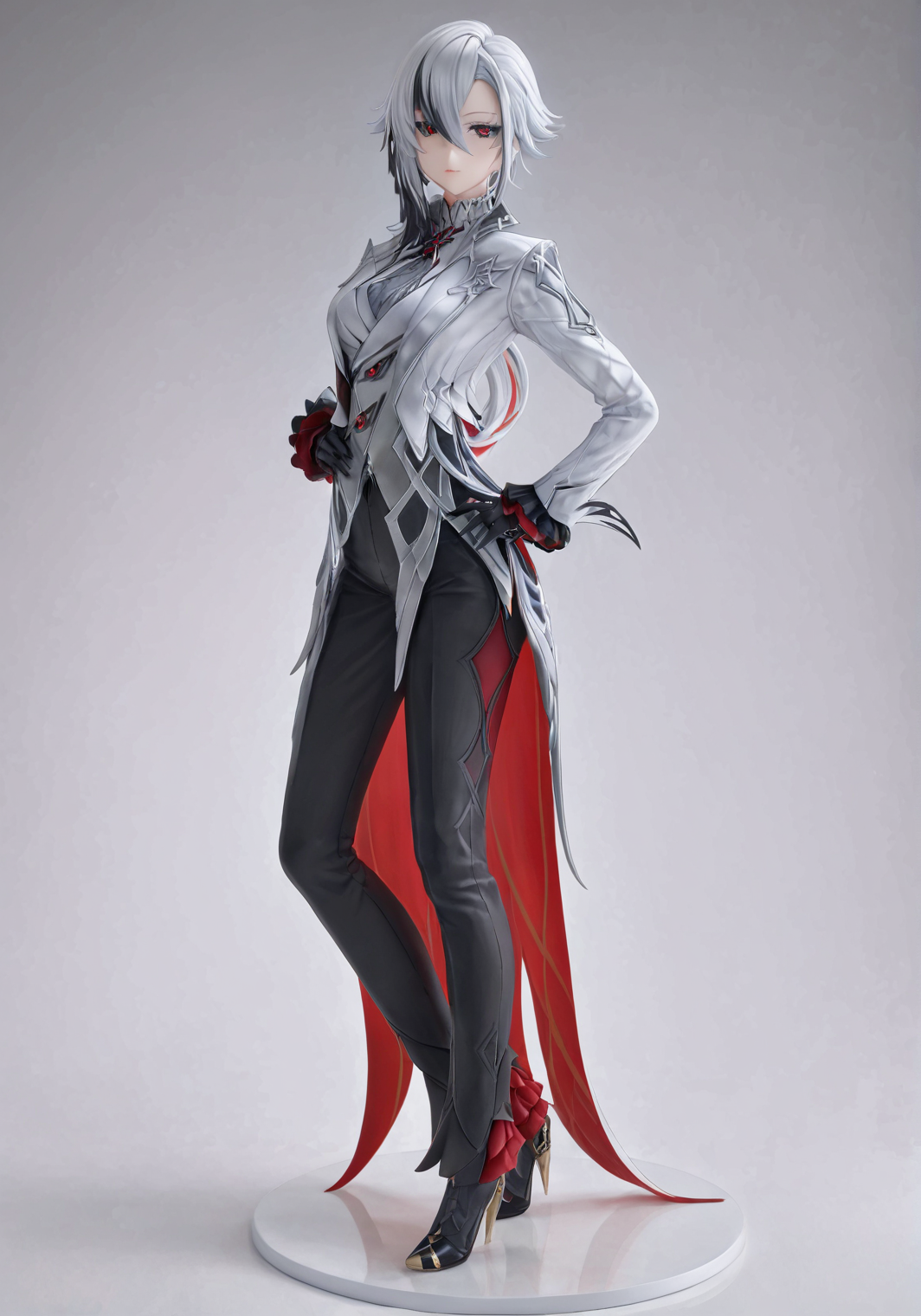 score_9, score_8_up, score_7_up, score_6_up, 8k, 
8k, best quality, masterpiece, (ultra-detailed), (high detailed skin), white background, simple background, 
(full body), (white background), standing, looking at viewer, (solo), hand on hip, 
<lora:Arlecchino-kohaku-Tanger:0.8>, Arlecchino, def clothes, 1girl, x-shaped pupils, red pupils, black gloves, pants, symbol-shaped pupils, multicolored hair, black hair, white hair, 
beautiful_face, intricate_detail, clear face, 
finely_detailed, fine_fabric_emphasis, 
full_shot, <lora:xl_figure style(kohaku_Delta)6:0.8>, figure style, photorealistic, photo \(medium\),