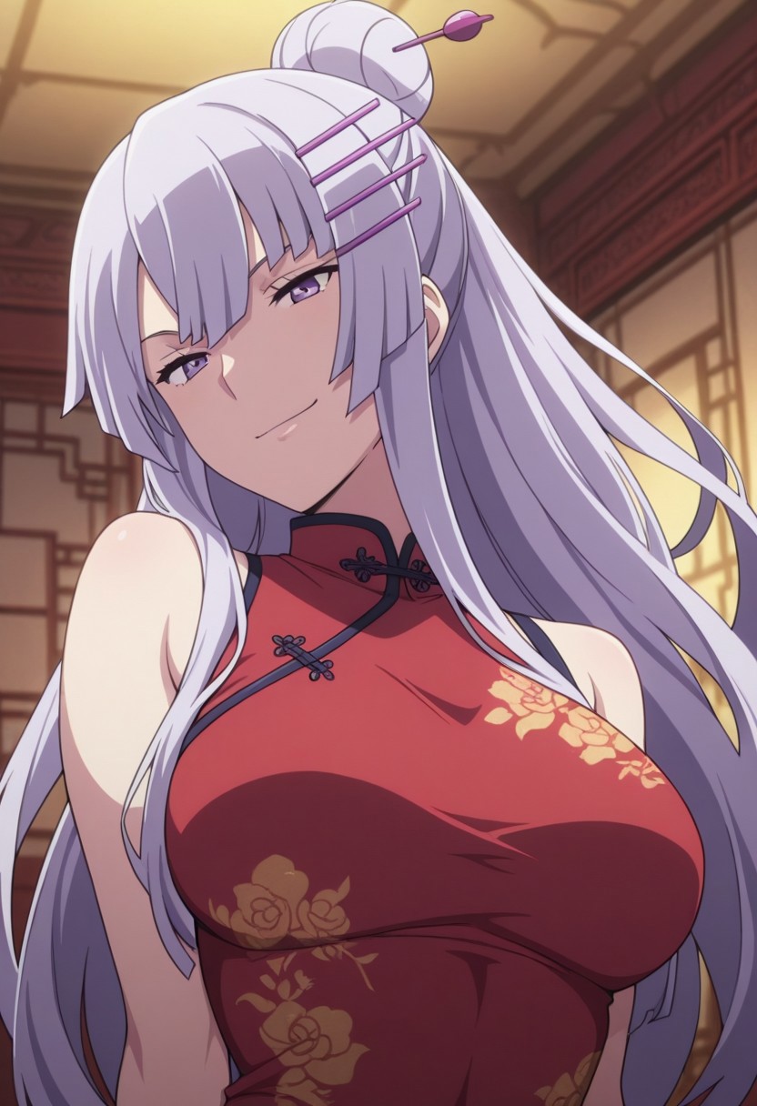 masterpiece,best quality,amazing quality, source_anime, 
Froleytia, 1girl, solo, purple eyes, purple hair, long hair, hair ornament, single hair bun, hair stick, chinese clothes, red dress, bare shoulders, smile,
indoor,